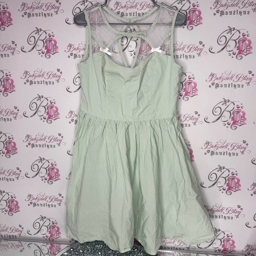 Hell bunny dress gingham green mint white bow ribbons mesh Charming Green Dress